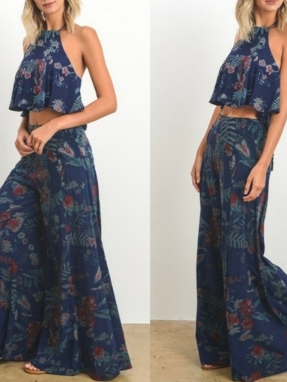 Wide Leg Floral Pants - Navy Blue